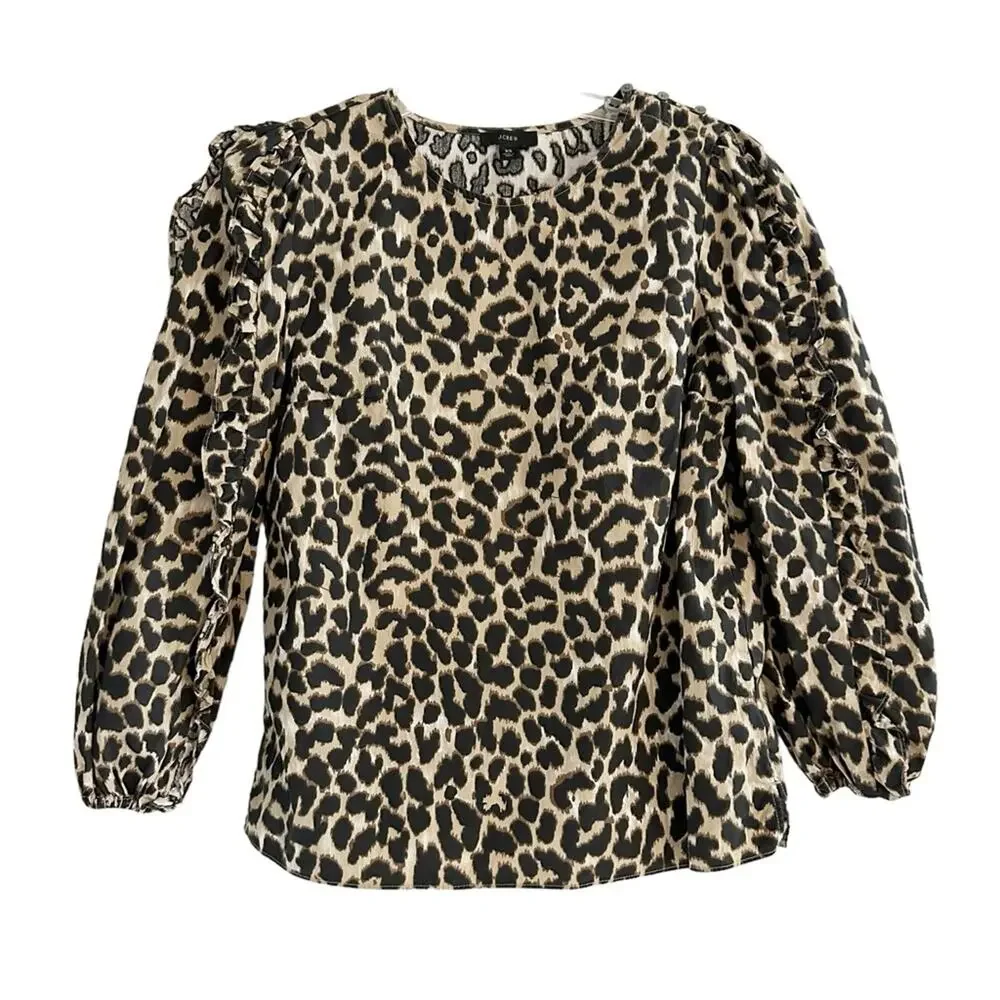 J crew Leopard Animal Print Ruffle Sleeve Top Shirt AS011 Extra Small XS Cotton